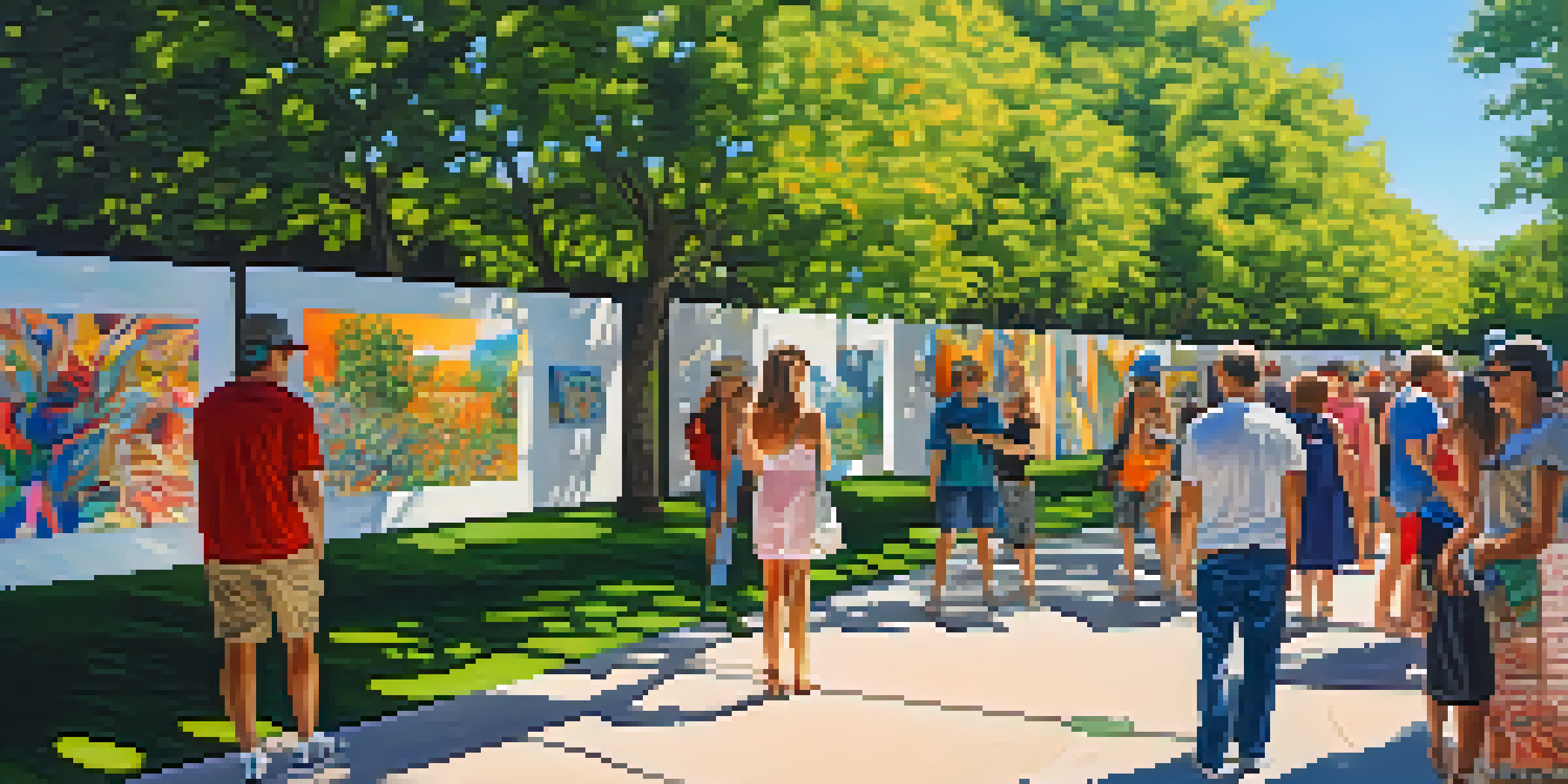 An outdoor art exhibition in Austin with people admiring colorful installations and paintings under a clear blue sky.
