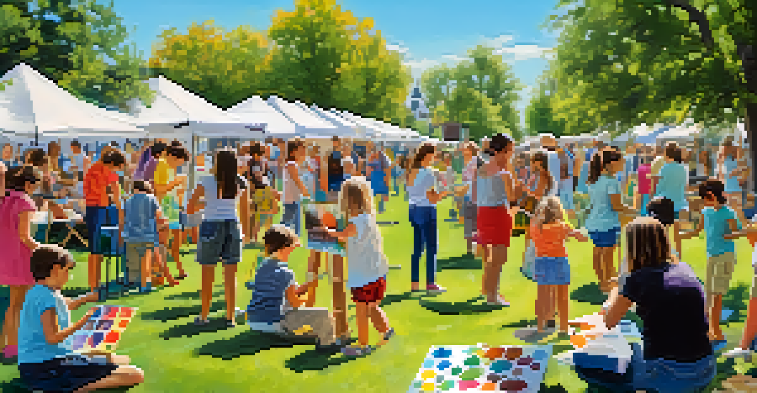 Children participating in a community art event, with local artists demonstrating techniques and colorful artwork displayed in a park setting.