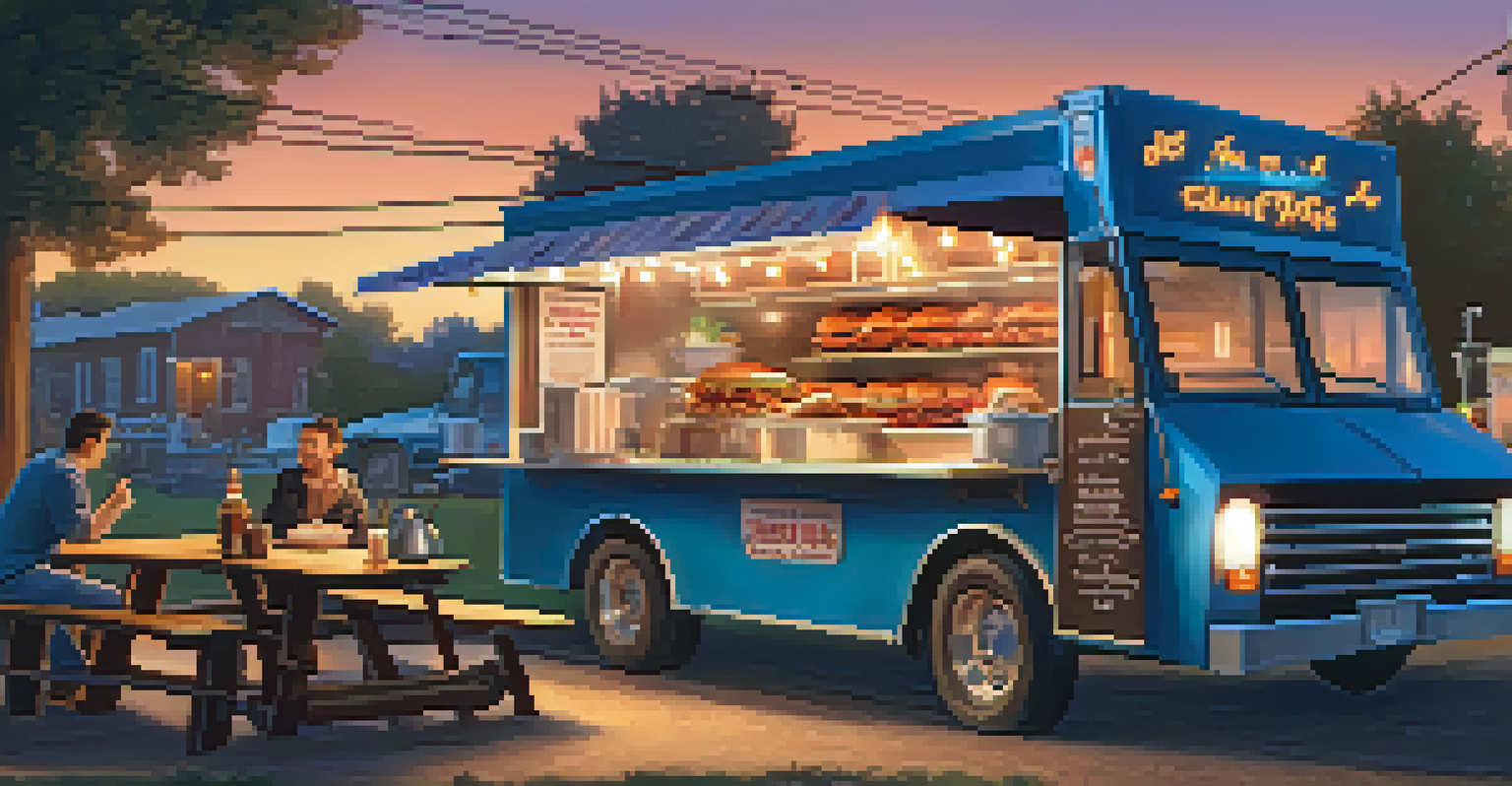 A cozy BBQ food truck serving delicious food, with people enjoying their meals in a warm outdoor setting.