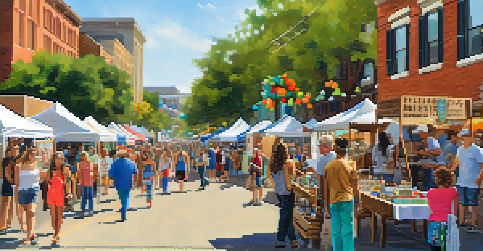 A lively street fair at the Pecan Street Festival with artisans and colorful booths on Sixth Street.