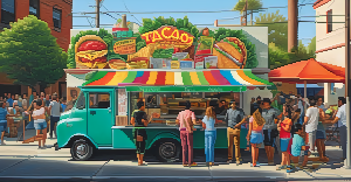 A colorful taco truck in a lively street setting, with people enjoying food and vibrant decorations.