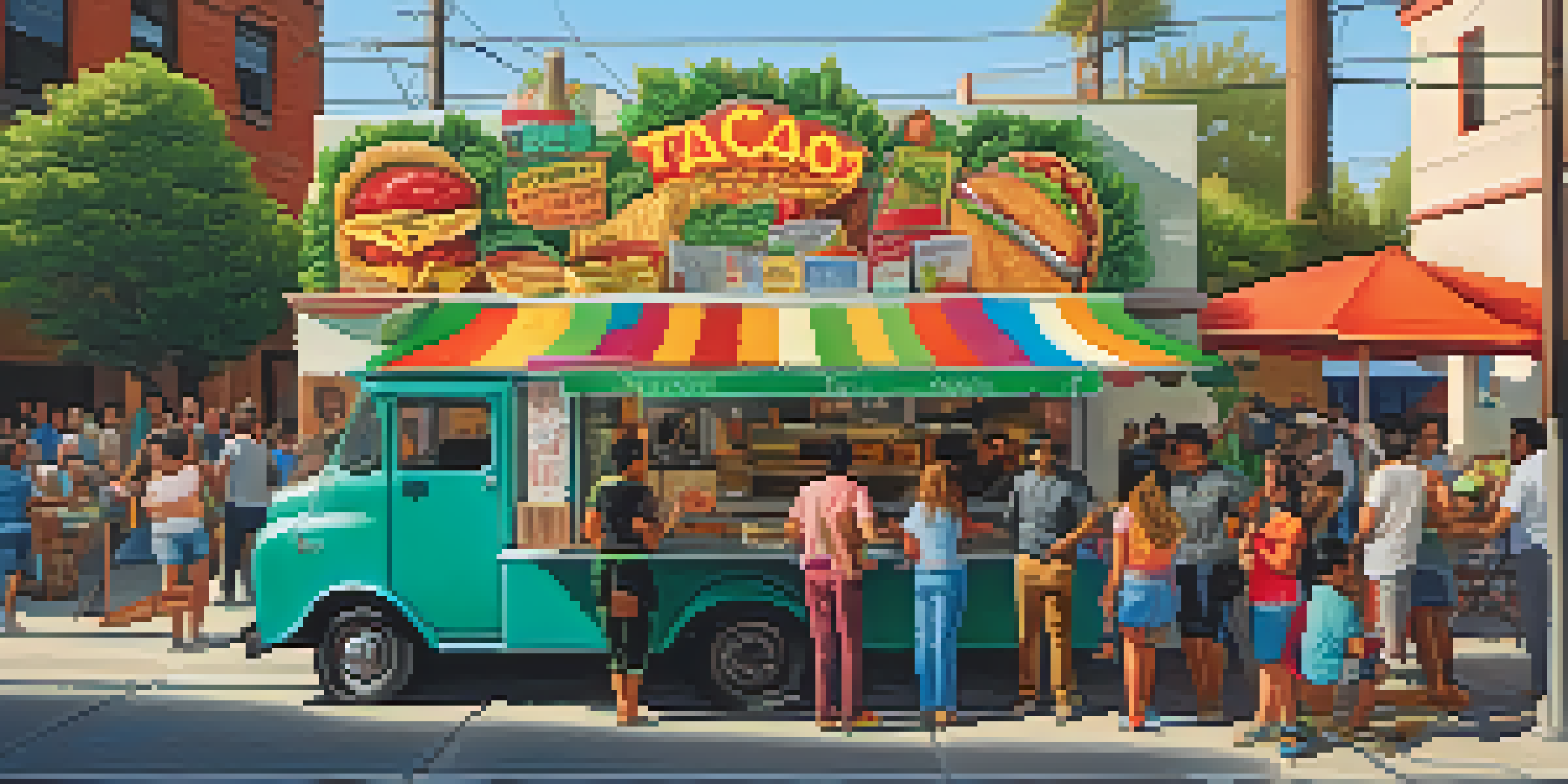 A colorful taco truck in a lively street setting, with people enjoying food and vibrant decorations.