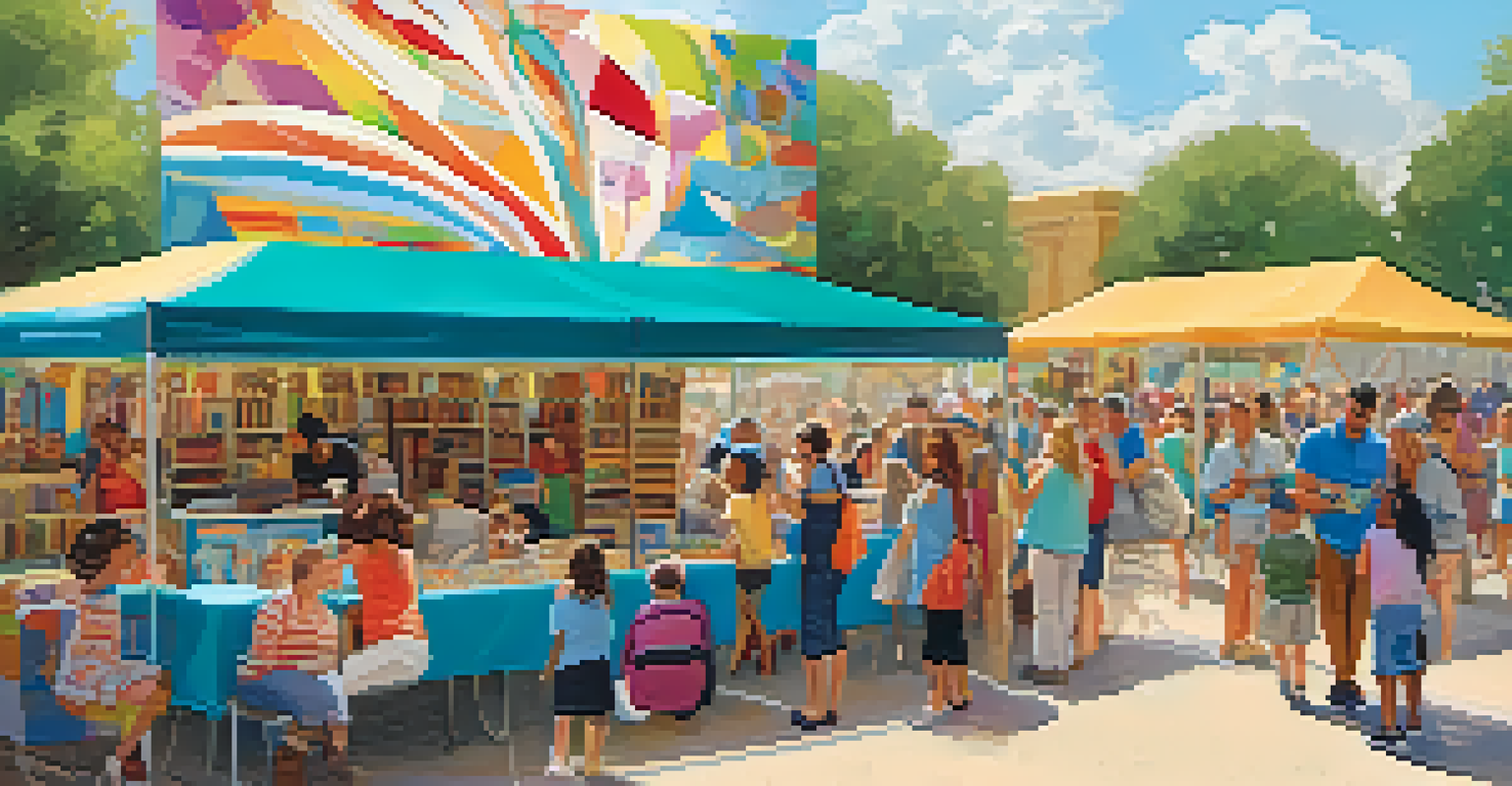Families participating in storytelling at the Texas Book Festival, surrounded by colorful book stalls and food trucks.