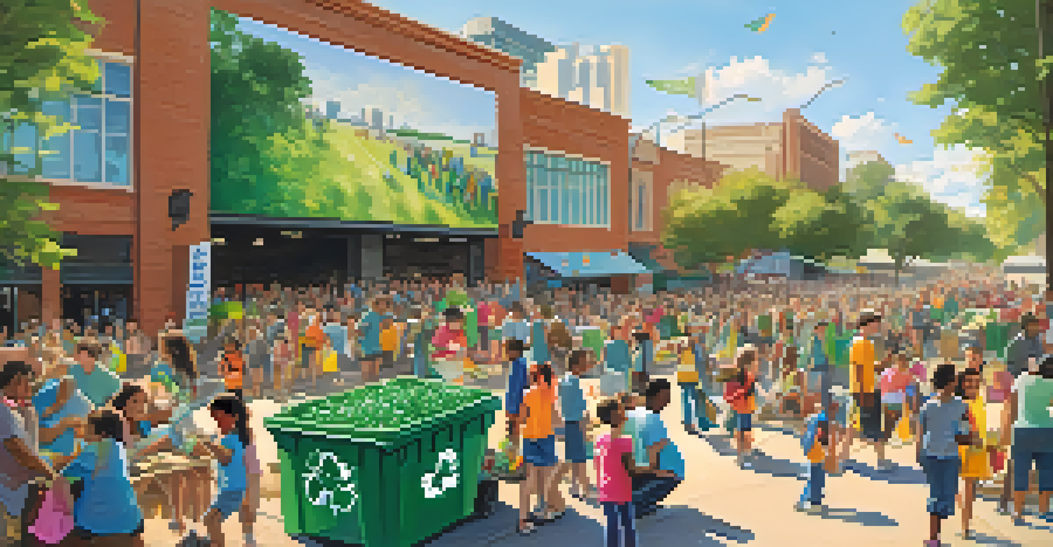 A recycling event in Austin with people sorting recyclables and a banner reading 'Zero Waste Day'.
