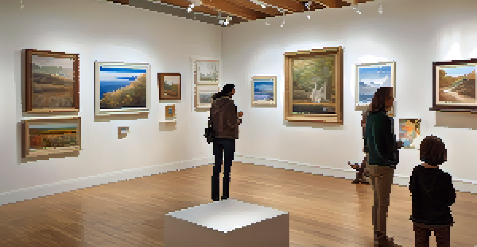 An art gallery interior with local artworks on the walls, warm lighting, and visitors interacting with an artist.