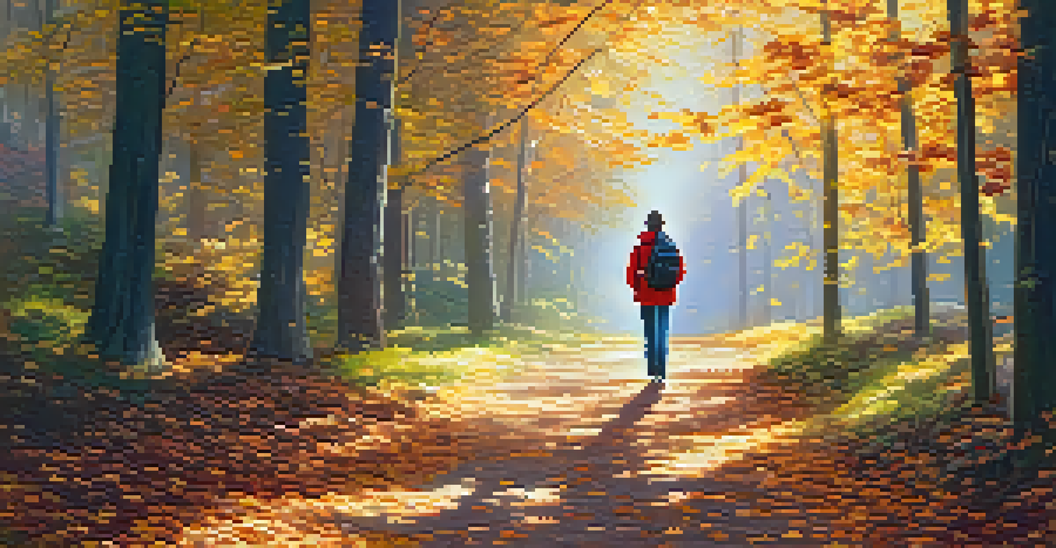A person walking mindfully along a forest path surrounded by autumn leaves and sunlight filtering through the trees.