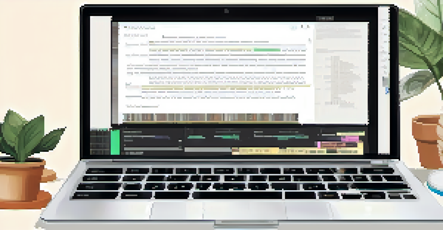 Close-up of a laptop screen with a coding interface and hands typing, set in a cozy workspace with a plant and coffee cup.