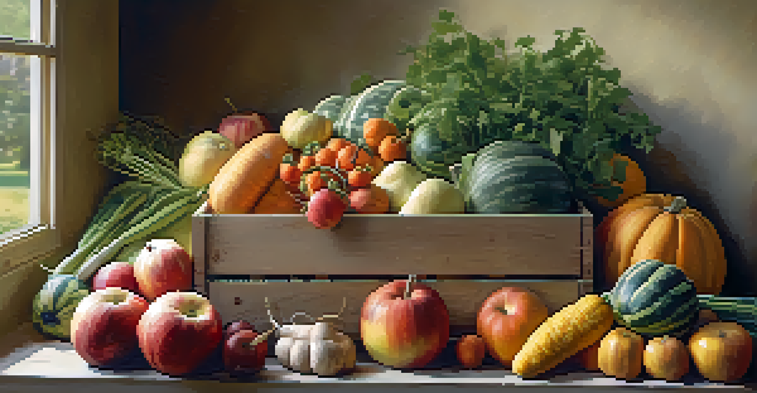 A close-up of a wooden crate filled with fresh seasonal fruits and vegetables, showcasing vibrant colors and textures.