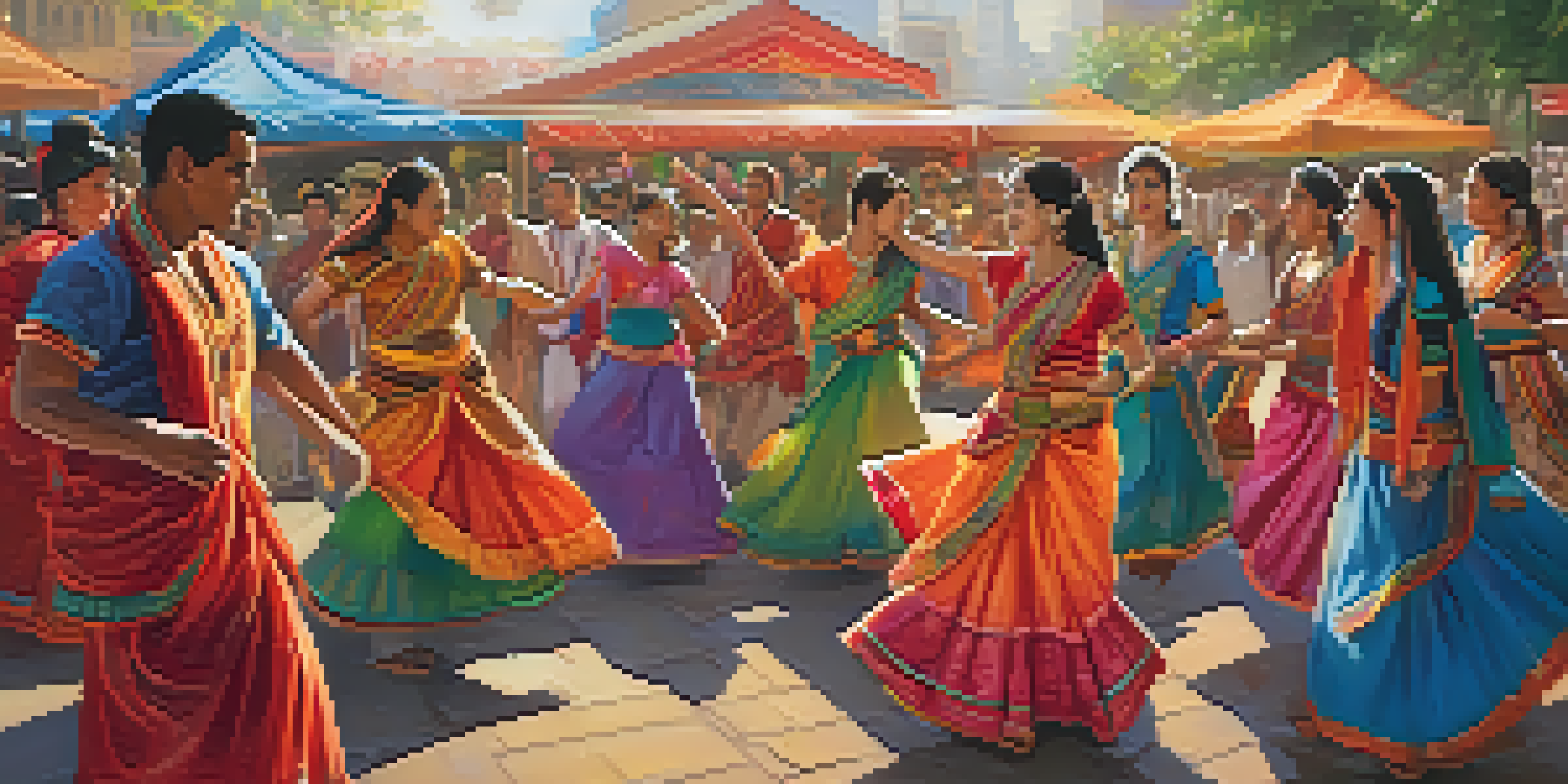 A lively community festival with dancers in traditional costumes and diverse attendees enjoying food and performances.