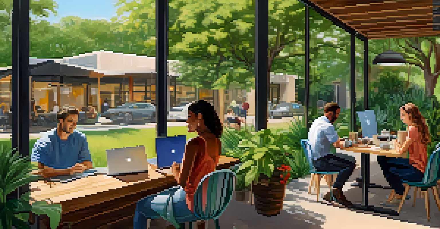 A peaceful outdoor co-working space in Austin with entrepreneurs working together amidst greenery.