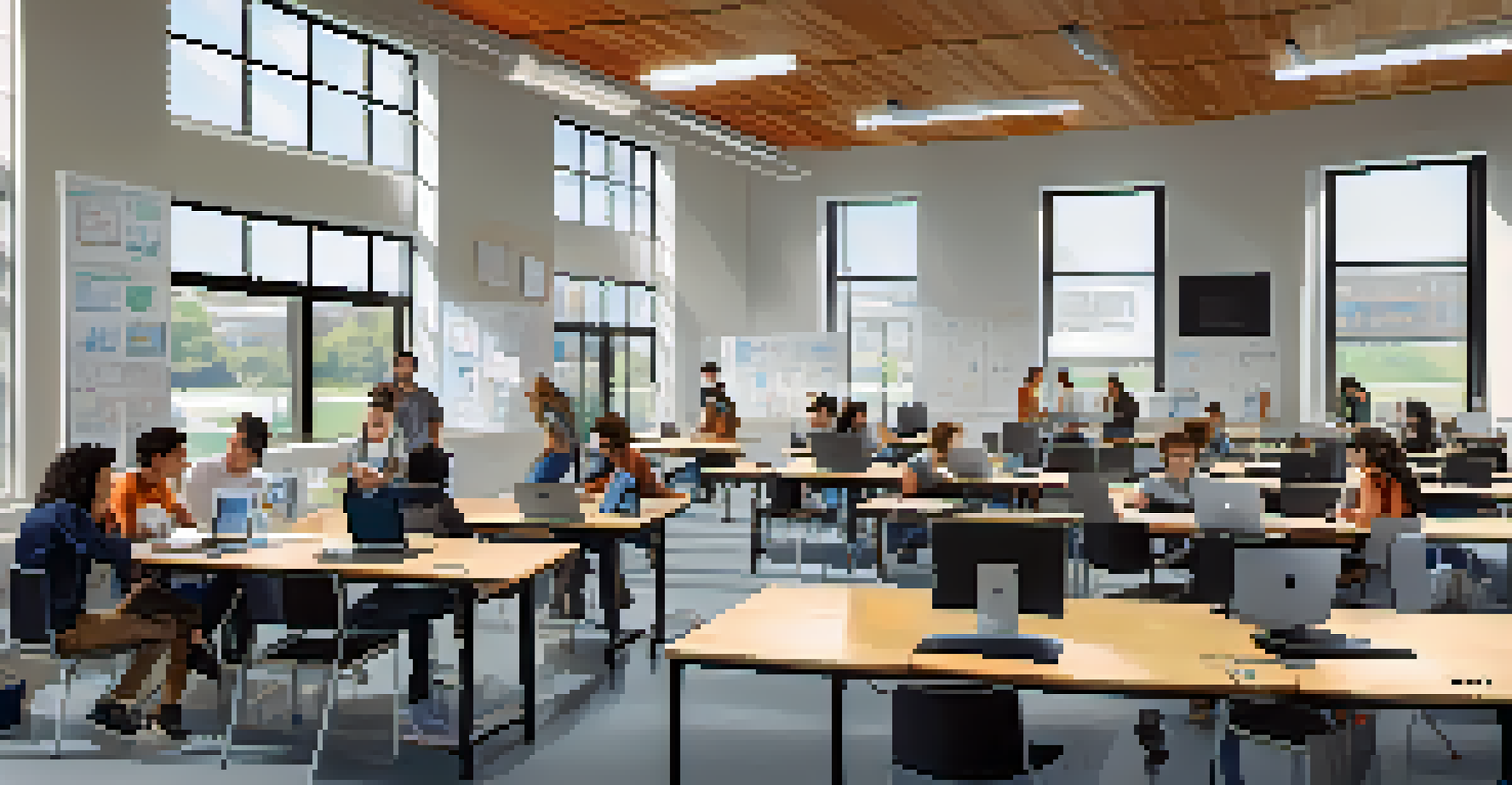 Students collaborating on tech projects in a bright classroom at the University of Texas, surrounded by laptops and whiteboards.
