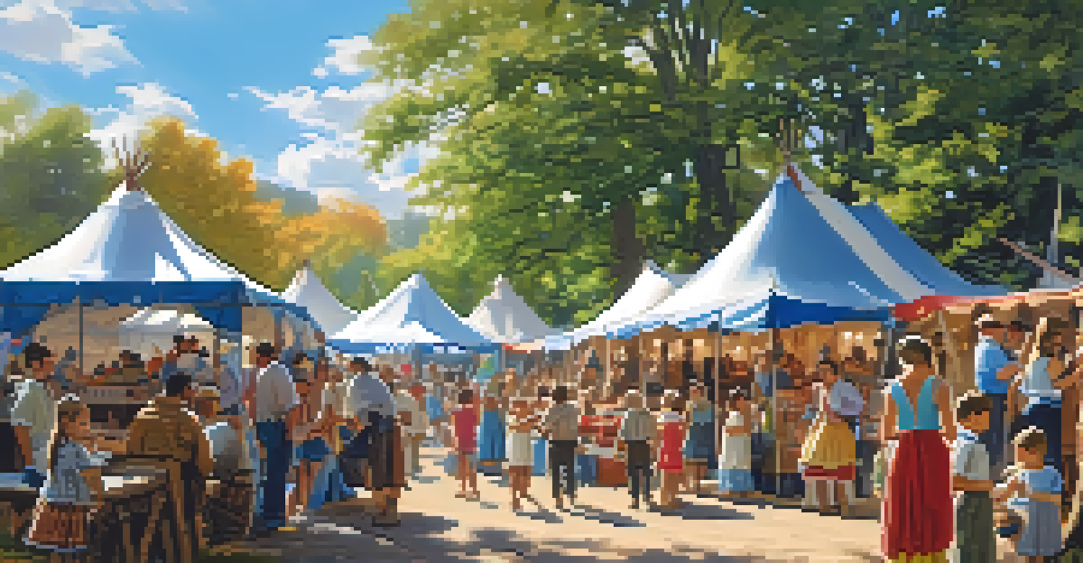 A lively colonial fair at a historic village with families enjoying crafts and games under a blue sky.