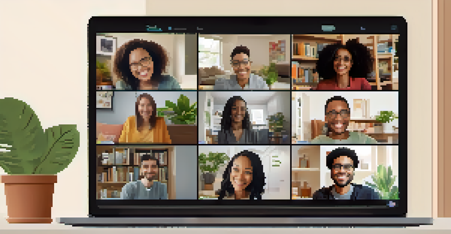 A laptop screen showing an online support group session with smiling participants in a cozy home setting.