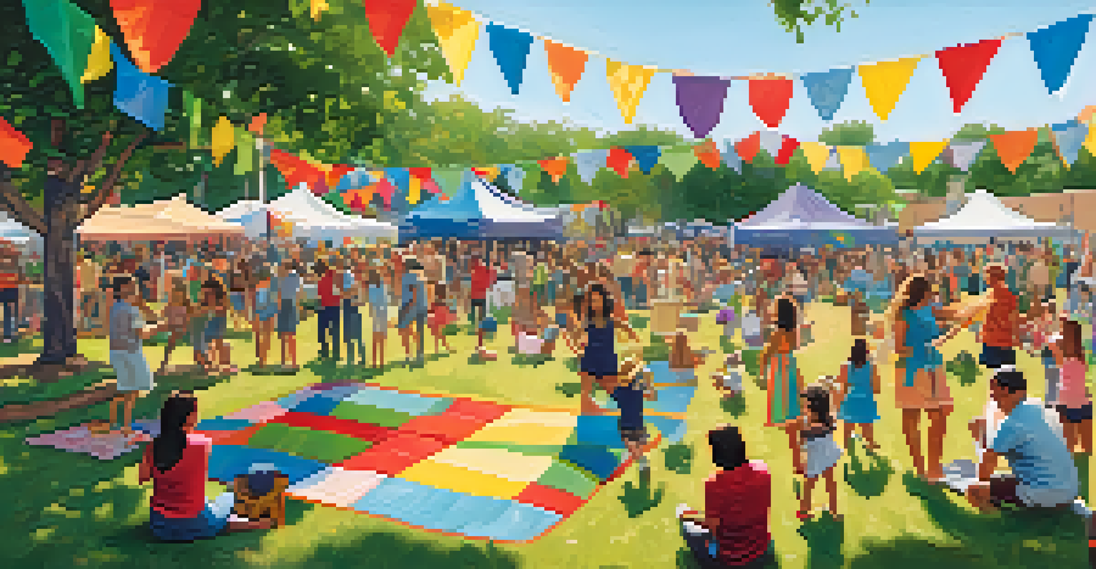 A community festival in Austin with musicians performing on stage and families enjoying the event on a sunny day.