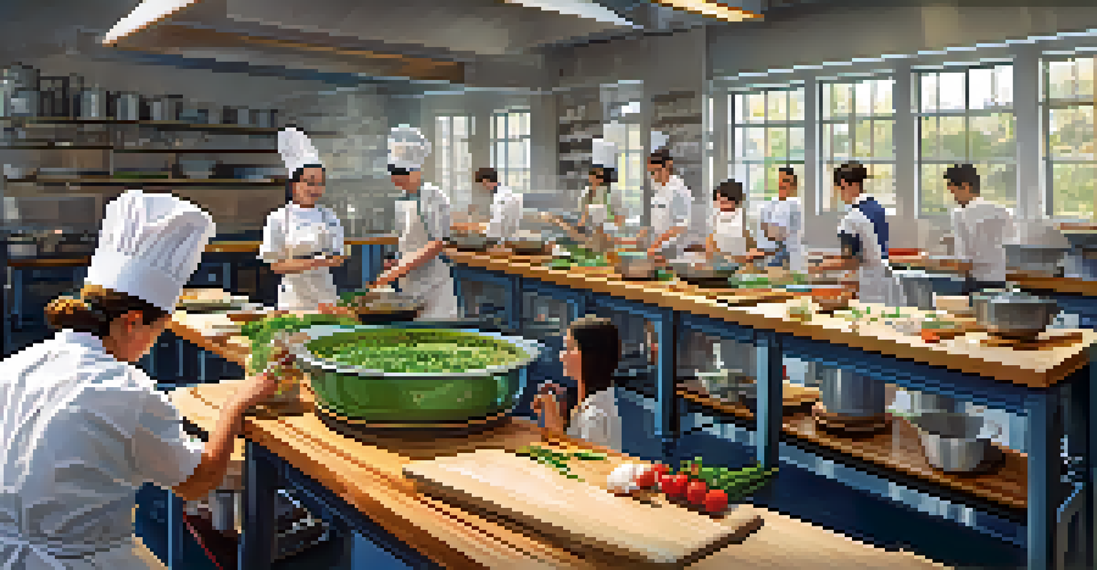 A modern culinary classroom with students cooking, equipped with kitchen tools and ingredients, illuminated by natural light.