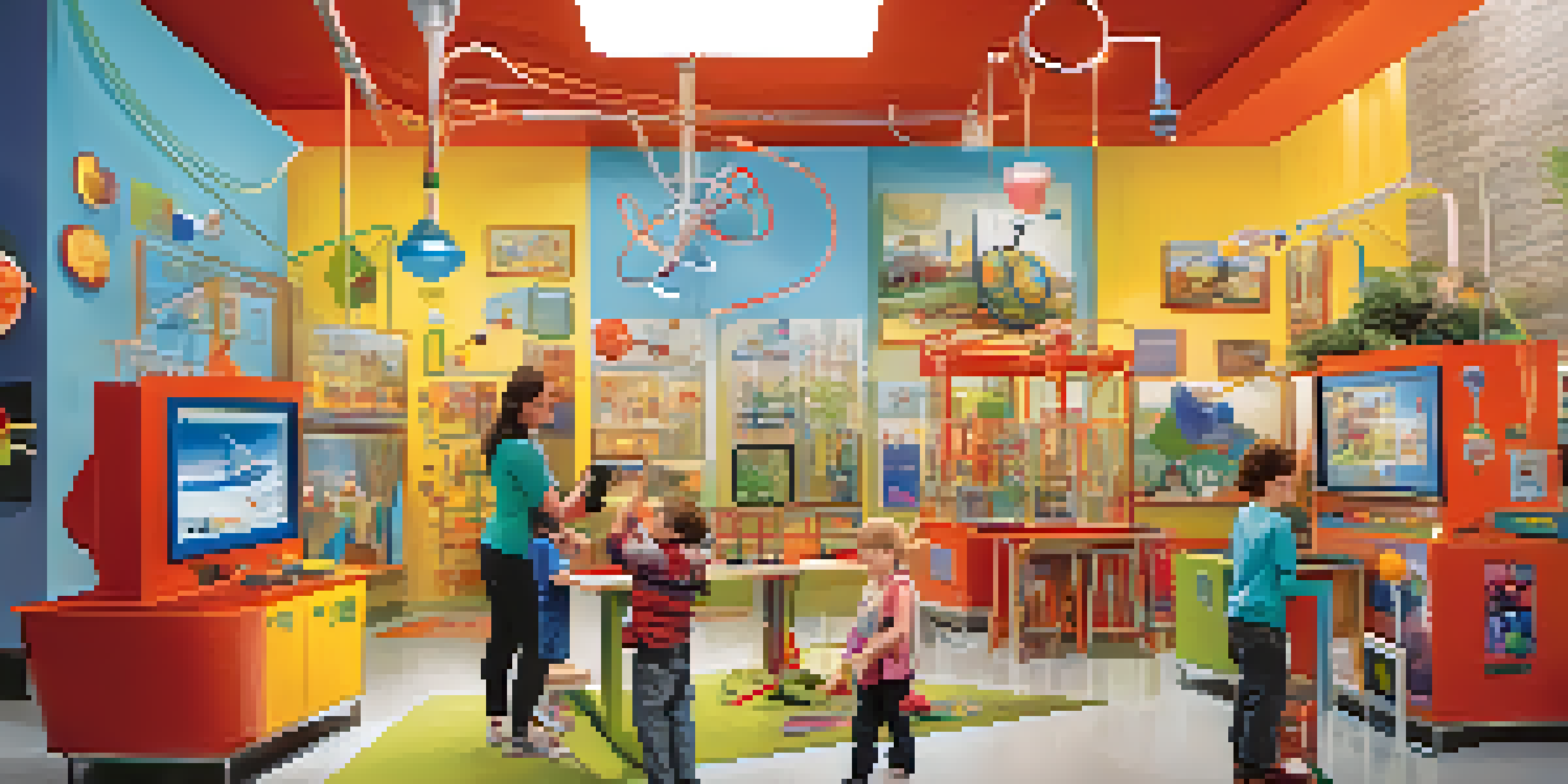 Families interact with colorful science exhibits in a lively children's museum, where children are building circuits and exploring light and sound.