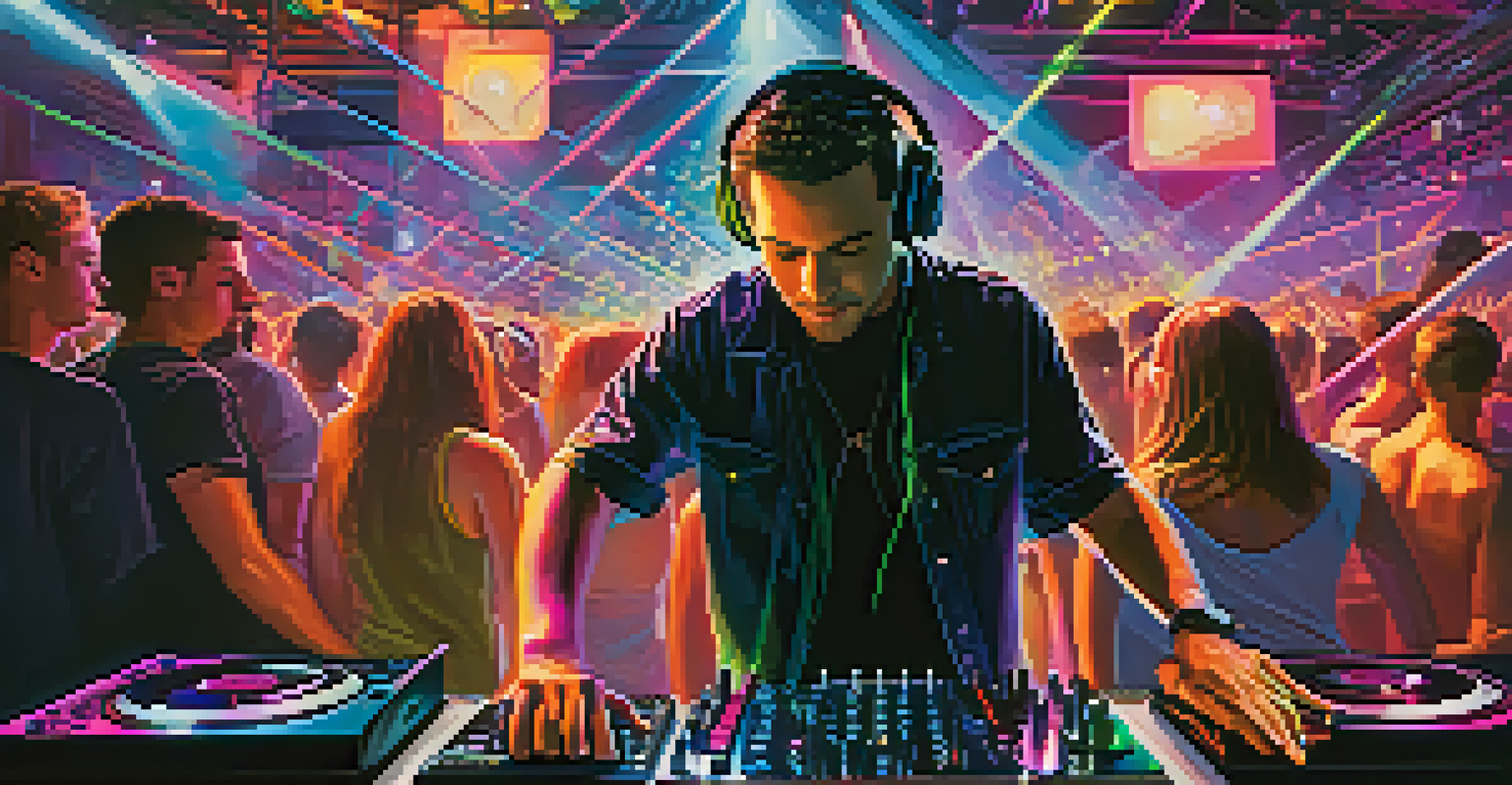 A lively electronic music club in Austin with a DJ performing and audience dancing under colorful lights.