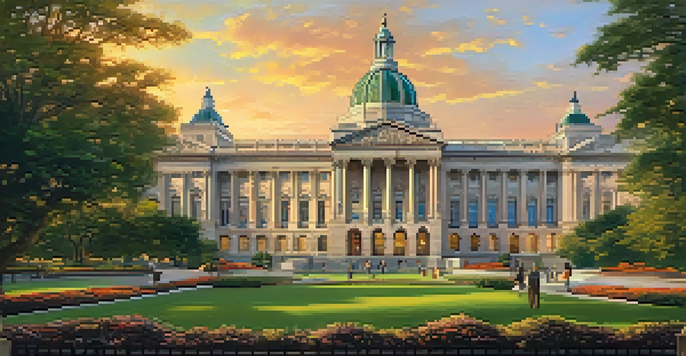 A grand City Hall building with intricate stone details and lush gardens, illuminated by the warm light of sunset, with people walking around.