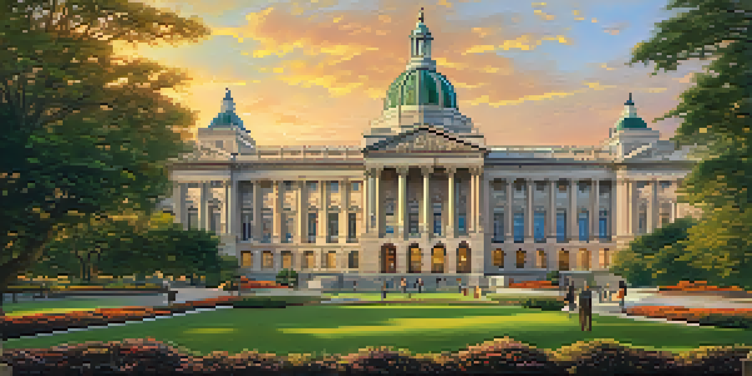 A grand City Hall building with intricate stone details and lush gardens, illuminated by the warm light of sunset, with people walking around.