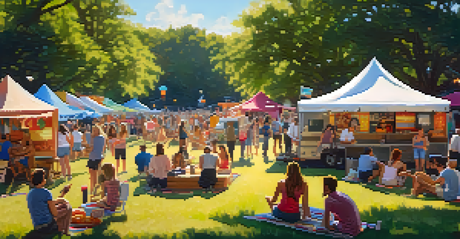 A bustling summer festival with food trucks, musicians, and people relaxing on blankets in a sunny park.