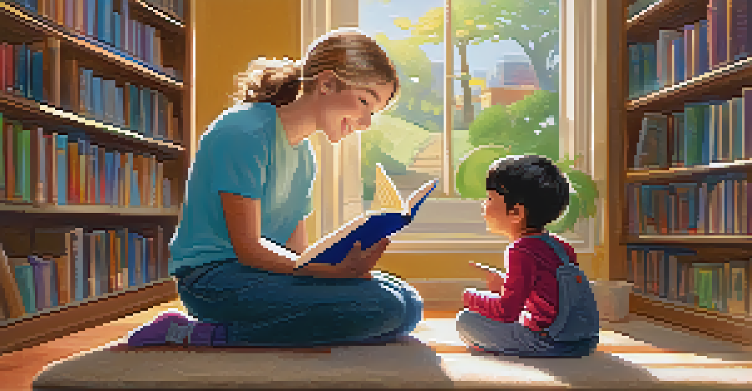 A volunteer helping a child read in a cozy library with bookshelves.