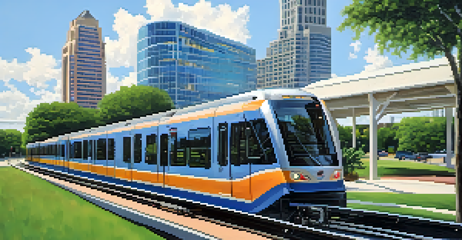A MetroRail train traveling through a green area in Austin with modern buildings in the background under a blue sky.