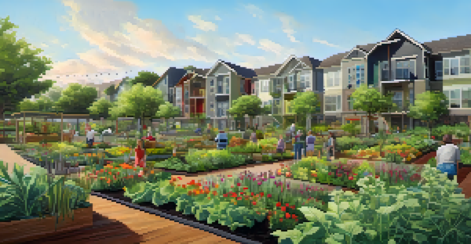 A colorful community garden in Austin with residents gardening, surrounded by eco-friendly buildings with solar panels, emphasizing sustainable living.