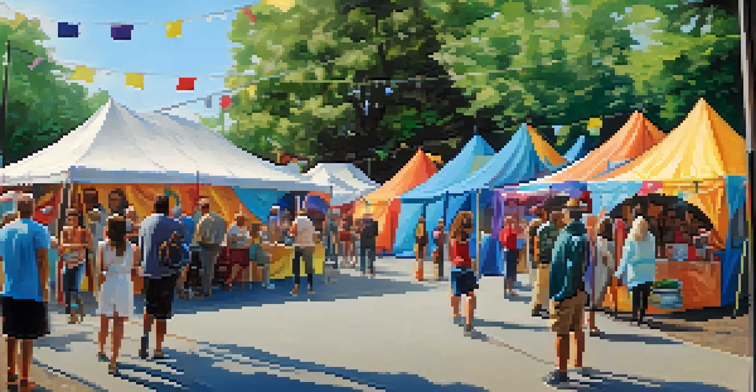 An outdoor community event with local artists displaying their work, vibrant decorations, and a mural being painted.