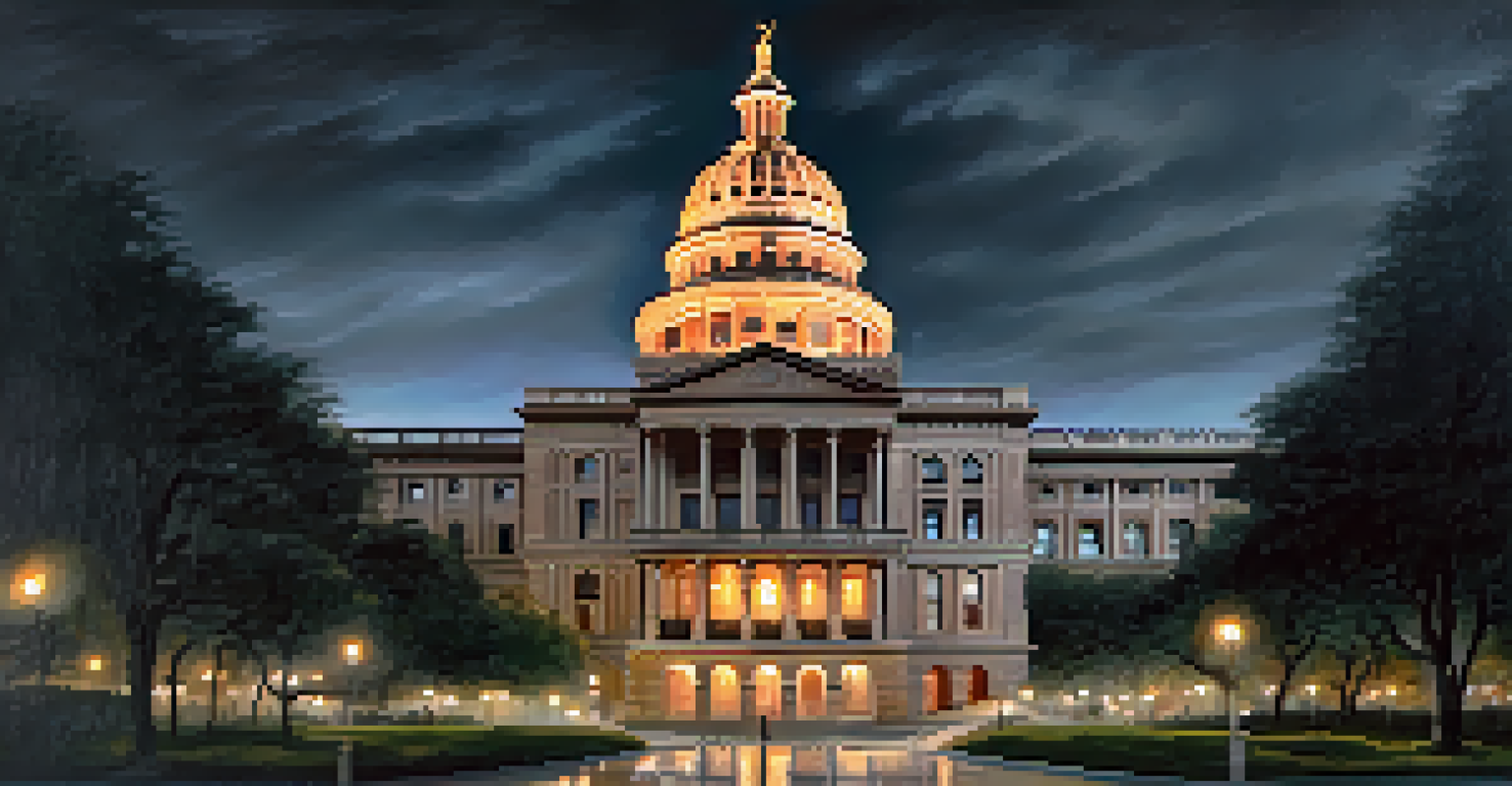 An exterior view of the Texas State Capitol at dusk with a shadowy guard figure near the entrance.