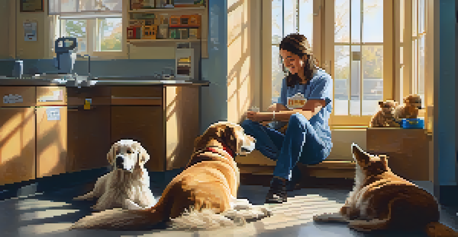 A volunteer at an animal shelter lovingly petting a dog, surrounded by various animals and bright sunlight.