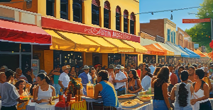 A lively street scene with people dancing, colorful decorations, and food stalls during the Austin Latino Music Festival.