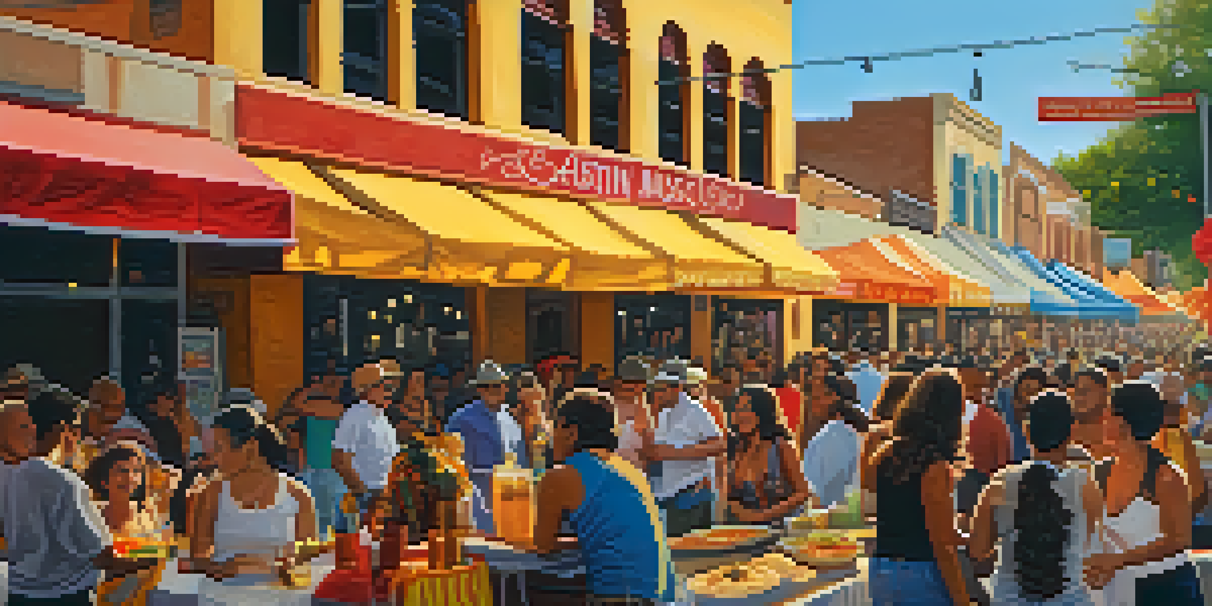 A lively street scene with people dancing, colorful decorations, and food stalls during the Austin Latino Music Festival.