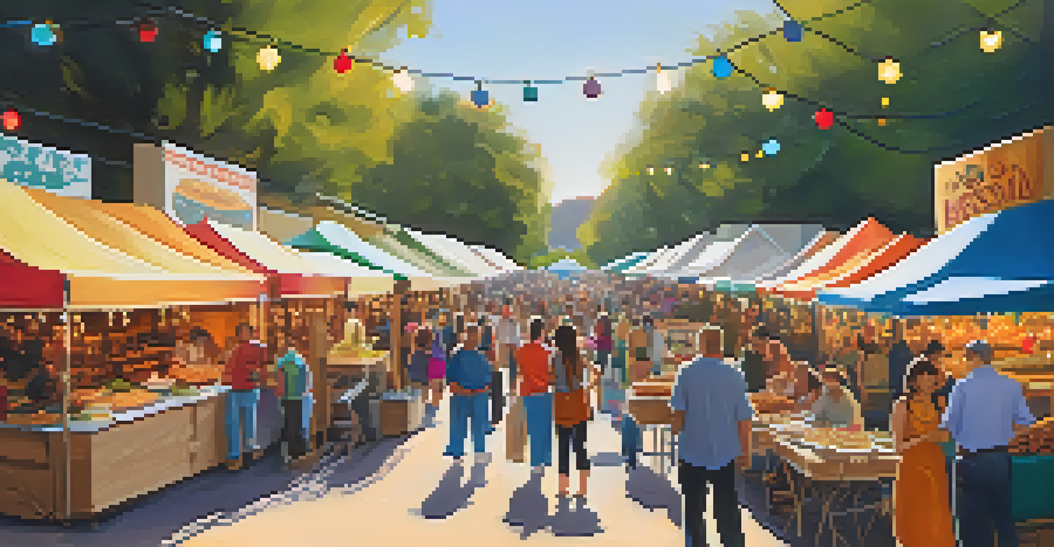 A food and art market at an Austin music festival, featuring local artisans, food vendors, and a band playing in the background.