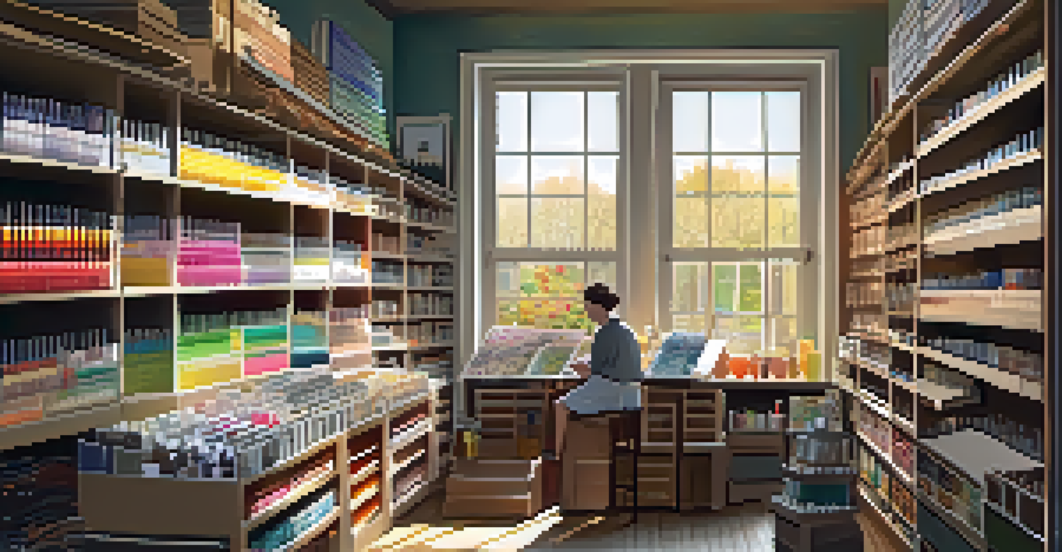 A cozy corner in an art supply store with an artist choosing specialty papers, highlighted by warm natural light and organized shelves.
