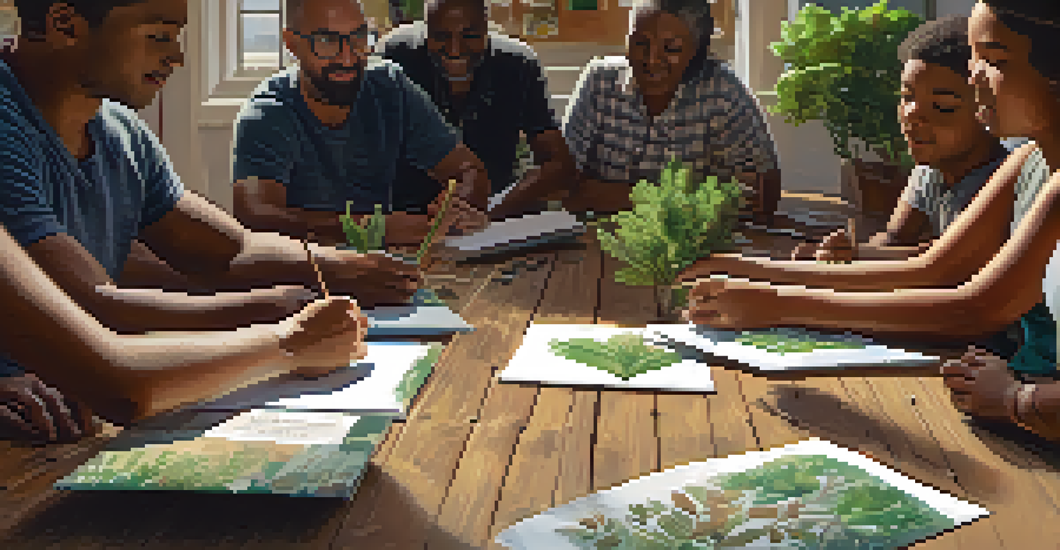 Close-up of a community workshop focused on sustainability, with participants engaging with educational materials and planting seeds.