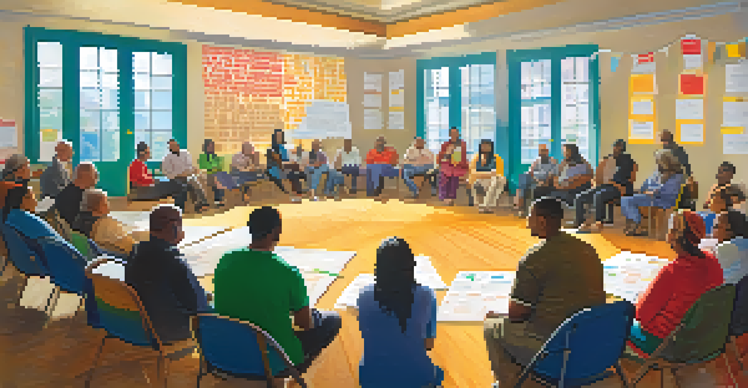 A diverse group of people participating in a community meeting, surrounded by colorful banners and a bright atmosphere.