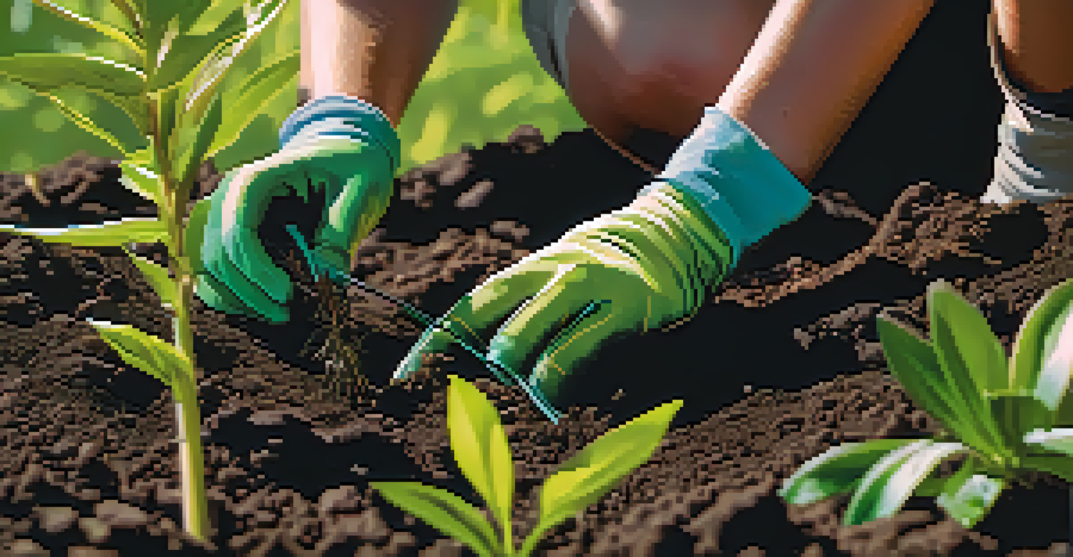 A close-up of hands planting a native plant in dark soil, showcasing the textures of the soil and the vibrant green leaves of the plant.