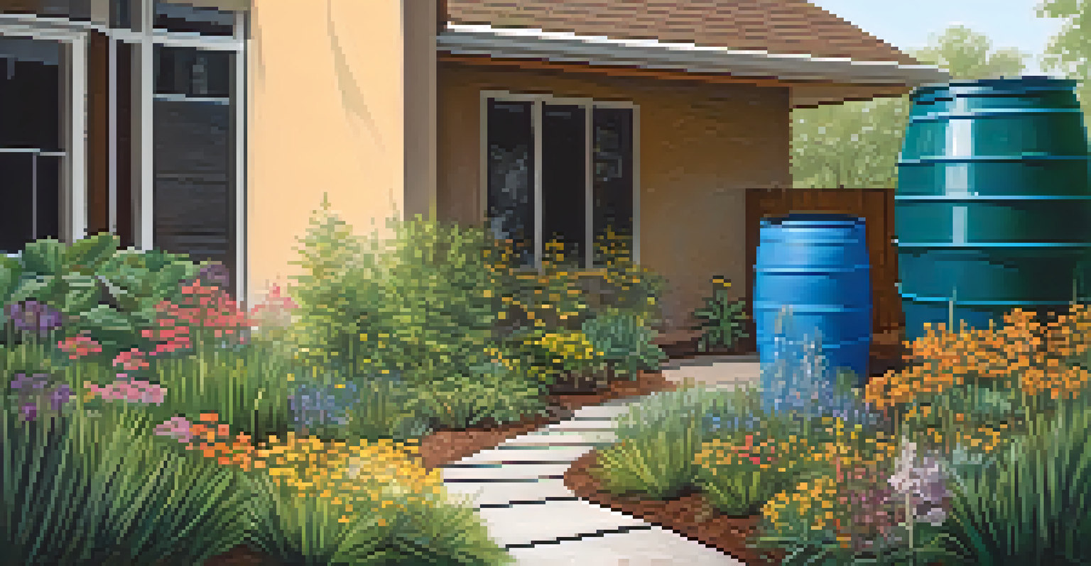 Close-up of a rainwater harvesting system in a residential garden, featuring a rain barrel and native plants under sunlight.