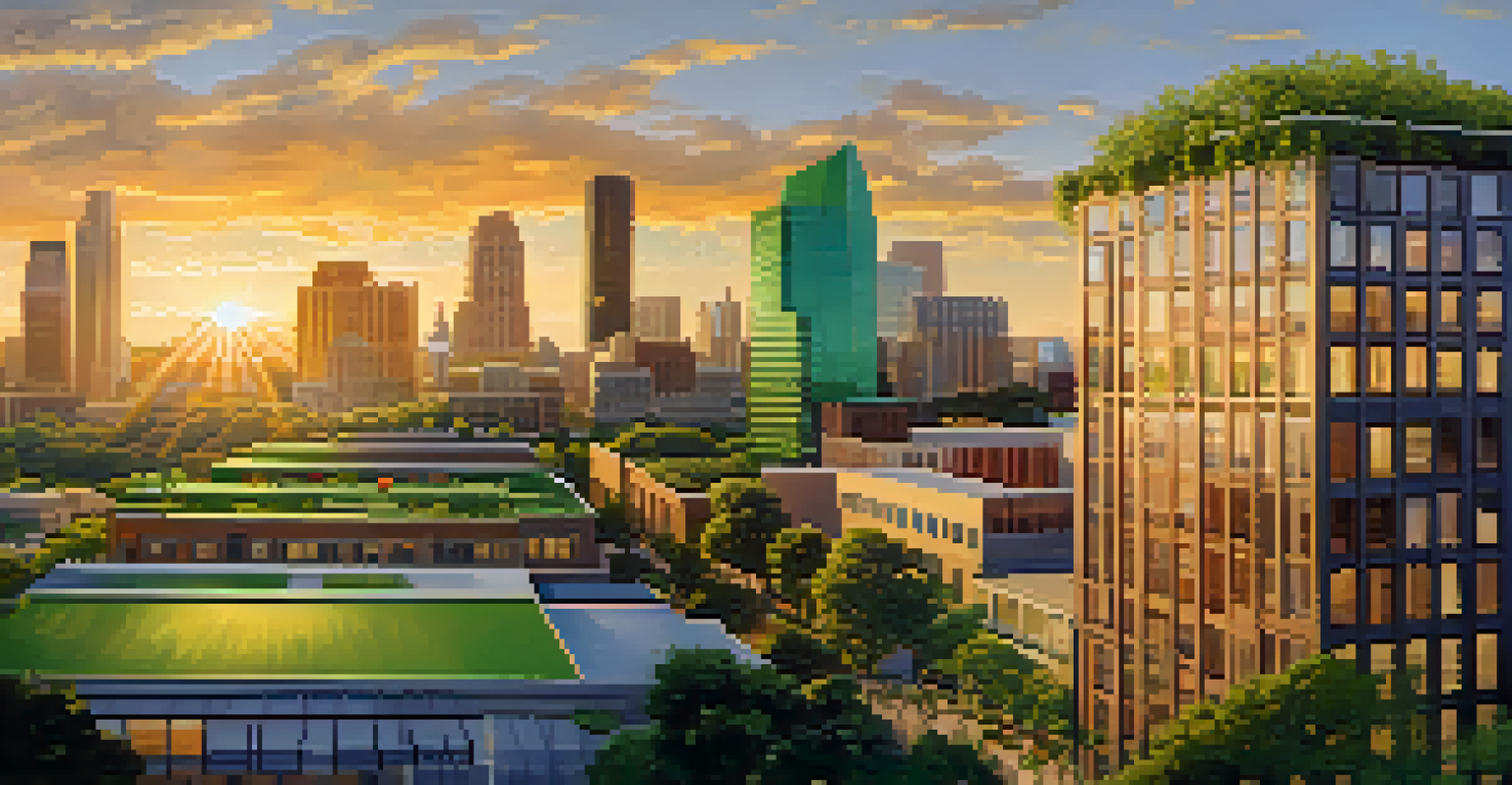 Austin cityscape at sunset showcasing green buildings and urban parks, reflecting a commitment to sustainability.