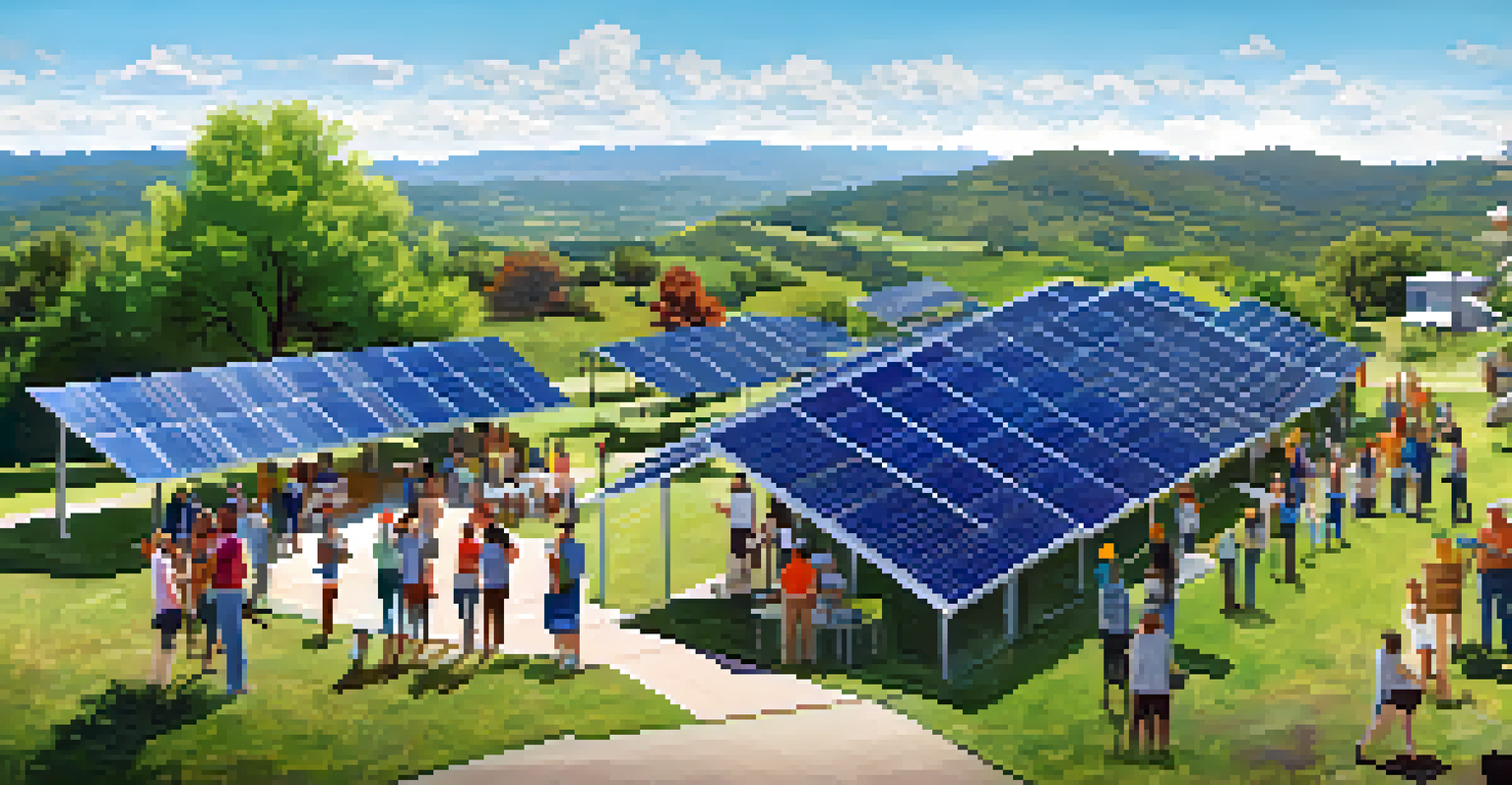 Residents in Austin participating in a workshop on solar energy, surrounded by solar panels under a blue sky with green hills, showcasing community engagement.