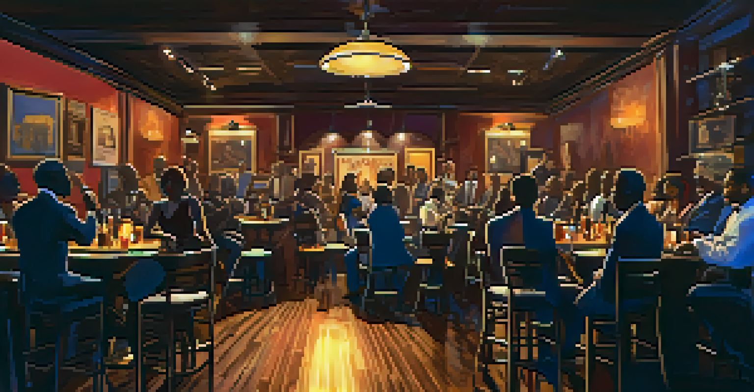 An intimate jazz club in Austin with a band performing on stage and an engaged audience.