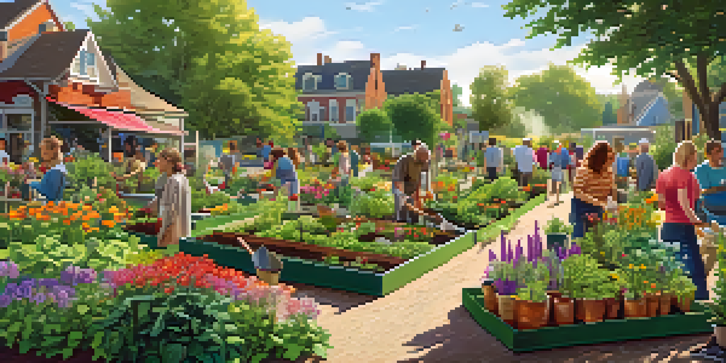 A lively community garden with diverse people planting vegetables and flowers under warm sunlight, surrounded by lush greenery and colorful blooms.