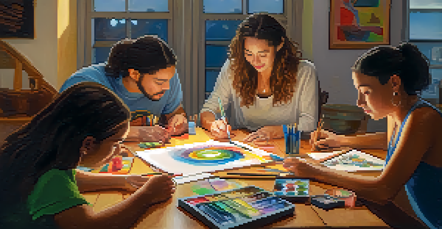 A small group of individuals in an indoor setting engaged in a creative session, using art supplies to express their emotions, with colorful drawings on the table and warm lighting.