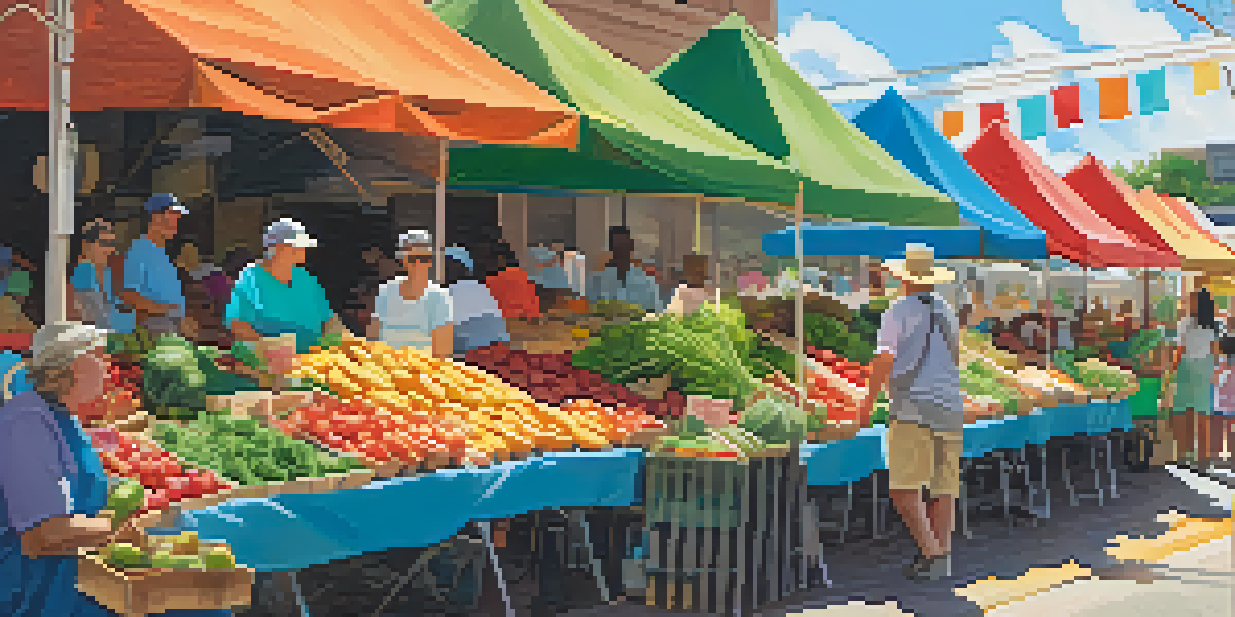 A lively farmers' market in Austin with diverse people shopping for fresh produce under sunny skies.