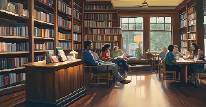 A warm and inviting independent bookstore with wooden shelves filled with books, a cozy reading nook, and people enjoying literature.