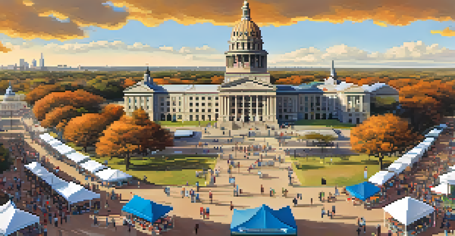 A scenic view of the Texas State Capitol with festival-goers enjoying the Texas Book Festival, featuring food trucks and children's activities in an autumn setting.