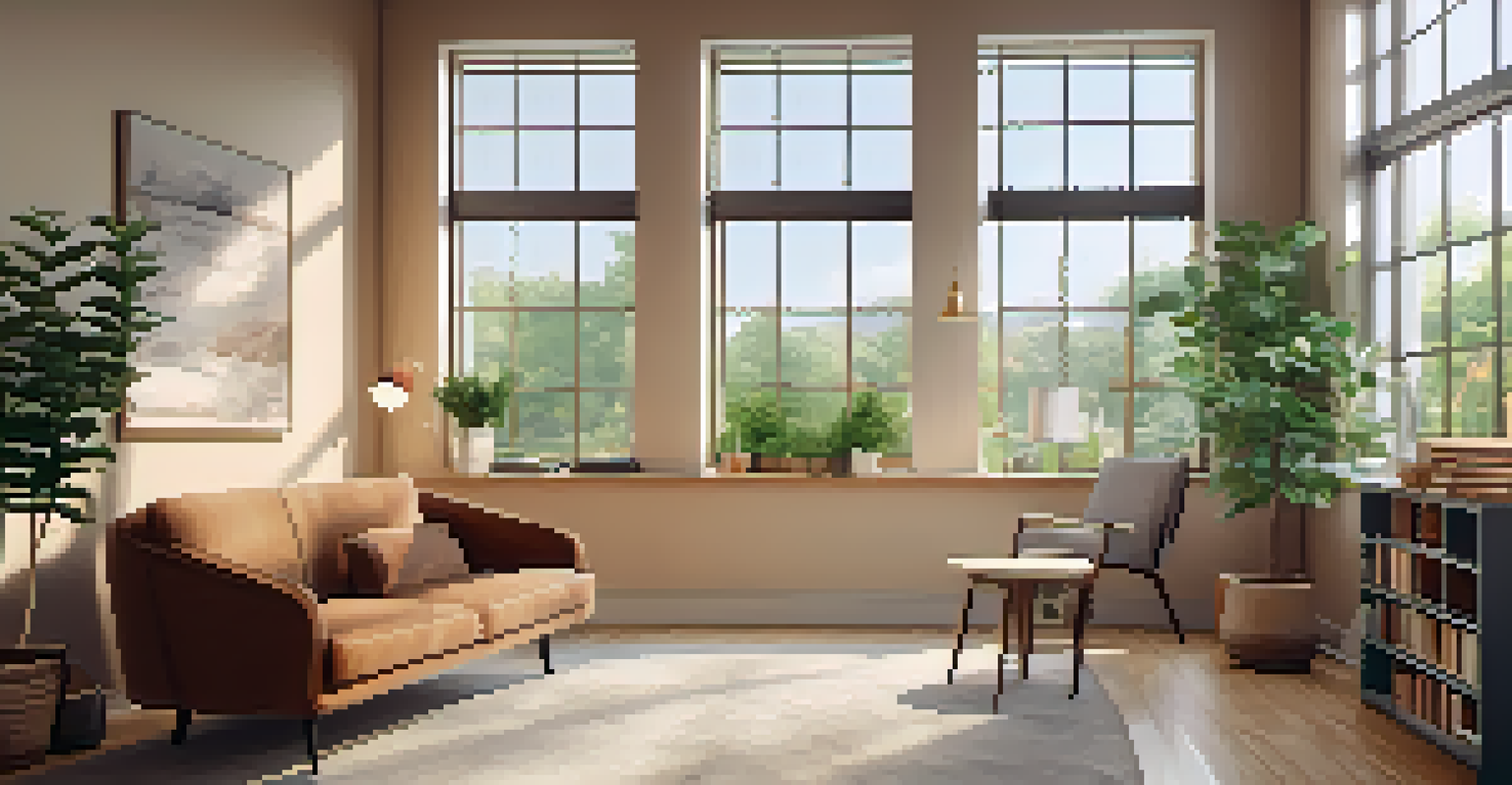 A calming therapy room with natural light, featuring a comfortable armchair, greenery, and an inspirational quote on the wall.
