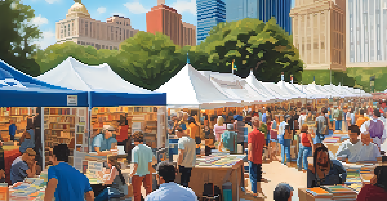 A busy book festival with people interacting with authors, surrounded by food vendors and colorful tents.