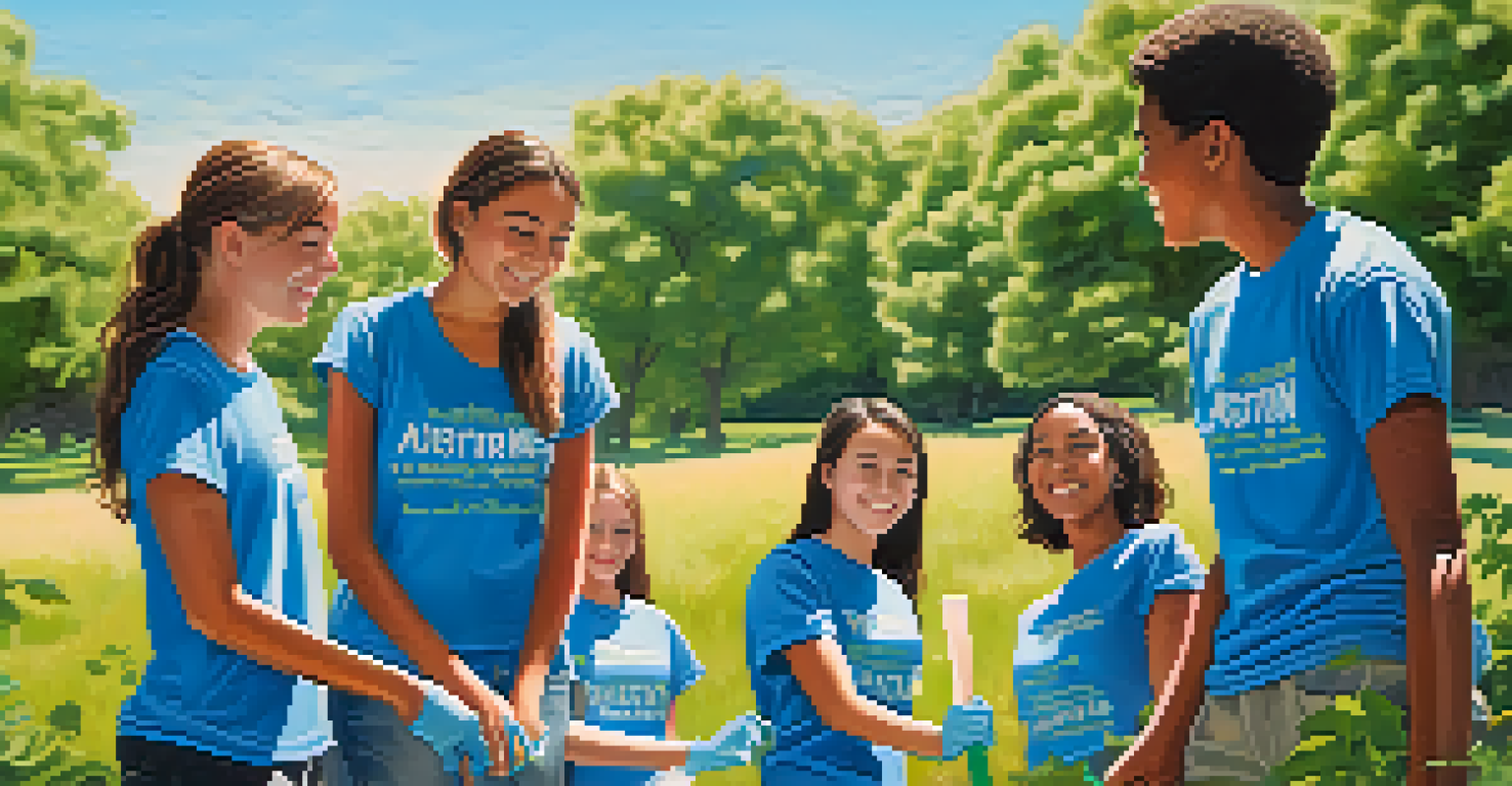 A group of teenagers in a park in Austin, wearing matching shirts, happily participating in a volunteer cleanup project surrounded by greenery and a blue sky.