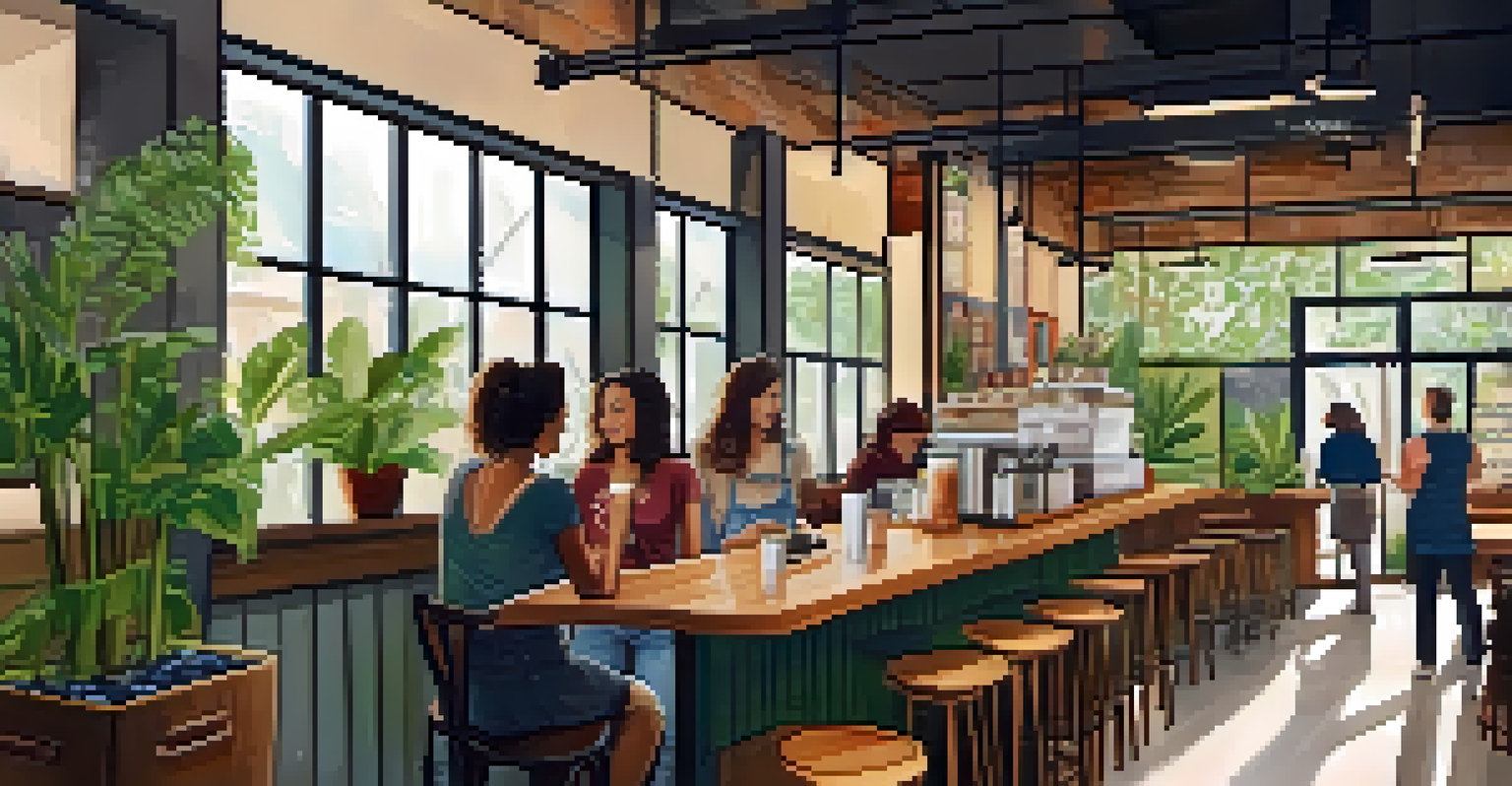 A cozy café interior in Austin, filled with natural light and greenery, showcasing eco-friendly furniture and a barista serving coffee to a customer.